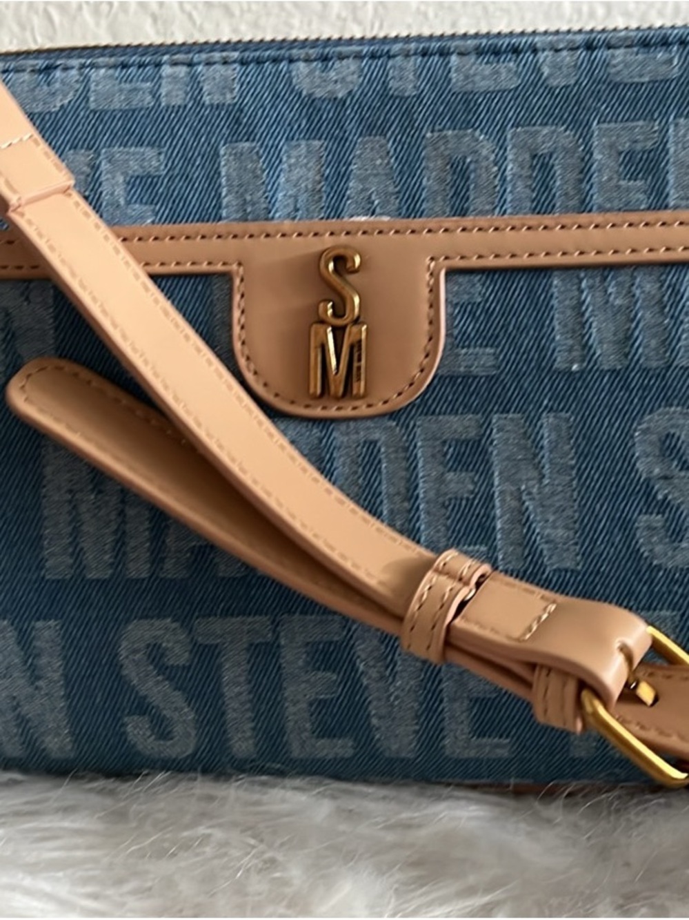 NWT Steve Madden Denim Crossbody with Beige Trim and Gold SM Logo